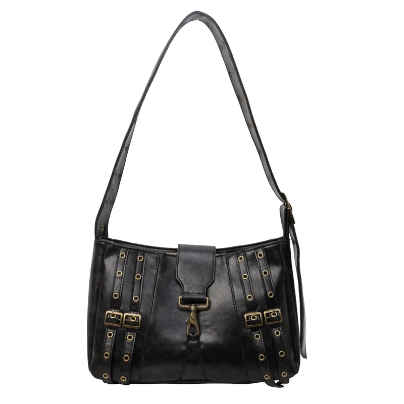 Retro Steam Punk Style Metal Decorated Single Shoulder Soft Leather Tote Bag Women's Handbag American Vintage Rivet Detail