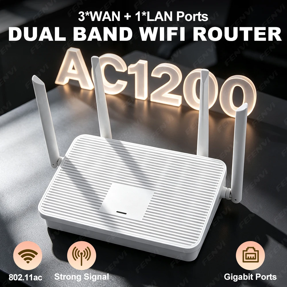 AC1200 Dual Band WiFi Router 2.4G/5GHz 1200Mbps Gigabit Router with 4 Antennas 3 WAN 1 LAN US Plug for Home Office Gaming