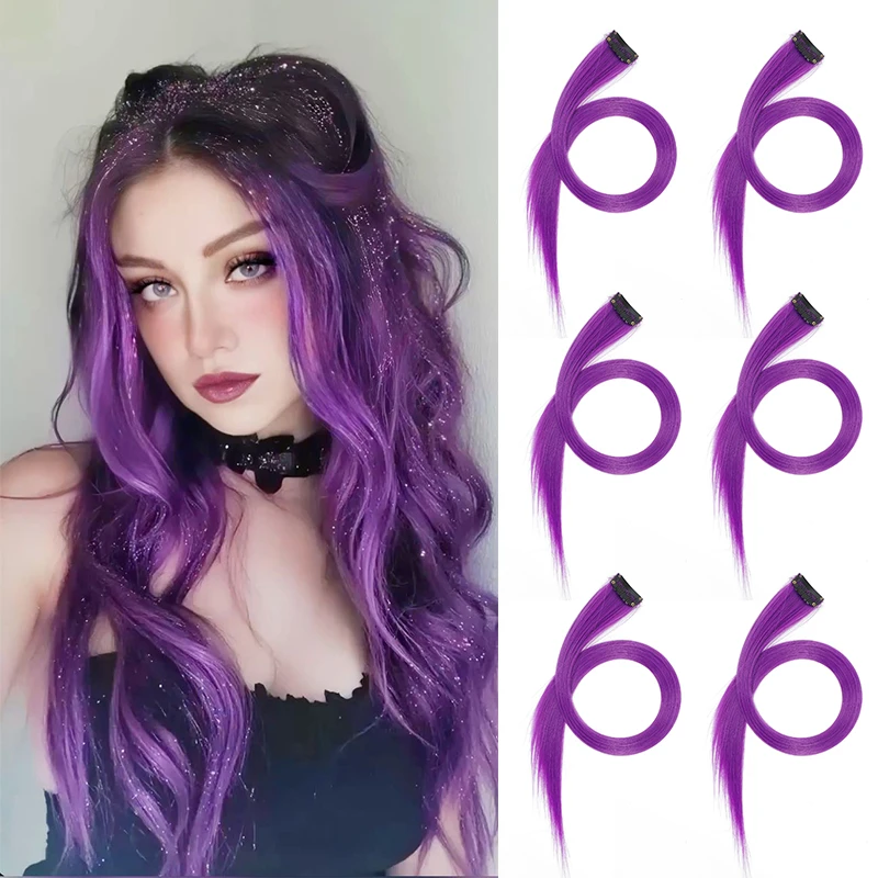 

6 Pcs Straight Colored Clip in Hair Extensions Long Party Highlights Hairpiece Synthetic 22 Inch Hairpieces for Women Girls Kids