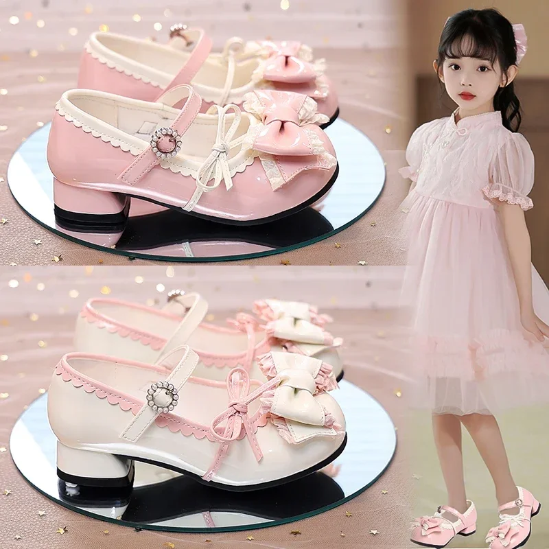أحذية جلدية جديدة بكعب عالٍ للفتيات، أحذية الأميرة الأنيقة مع عقدة مزدوجة للأطفال، أحذية الأميرة لحفلات الزفاف بكعب عالٍ