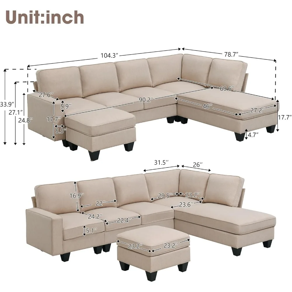 Modern L-Shaped Sectional Sofa,7-seat Linen Fabric Couch Set with Chaise Lounge and Convertible Ottoman for Living Room