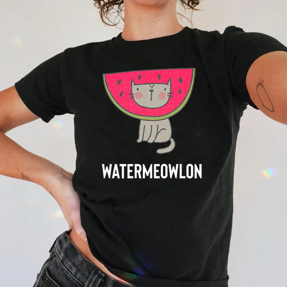 Kawaii Fun Cat Watermelon 100% Cotton Shirt Water Meowong Pun Gift Fruit Print T-shirt Y2k Harajuku Korean Women's Edition tops