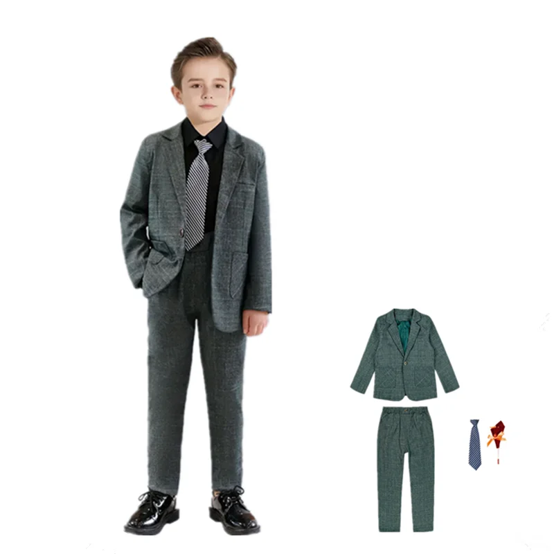 Children's 4Pieces/Set Jacket Pants Bowtie Brooch Host Piano Performance Costume Flower Boys Wedding Suit Kids Birthday Blazer