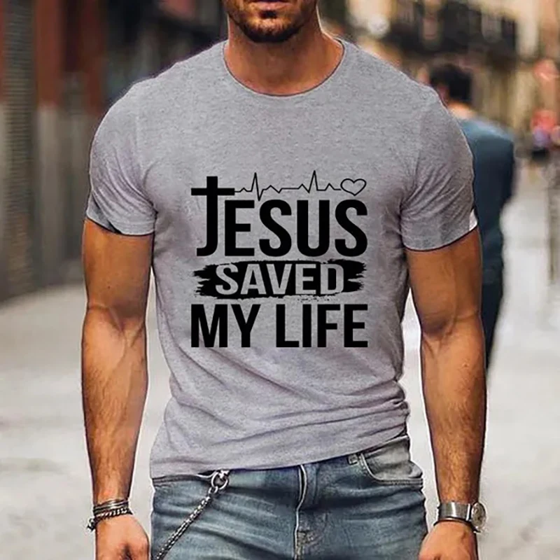 Jesus Saved My Life Letter Print T-shirt Men's Fashion Summer Comfortable Round Neck Shirt T-shirt