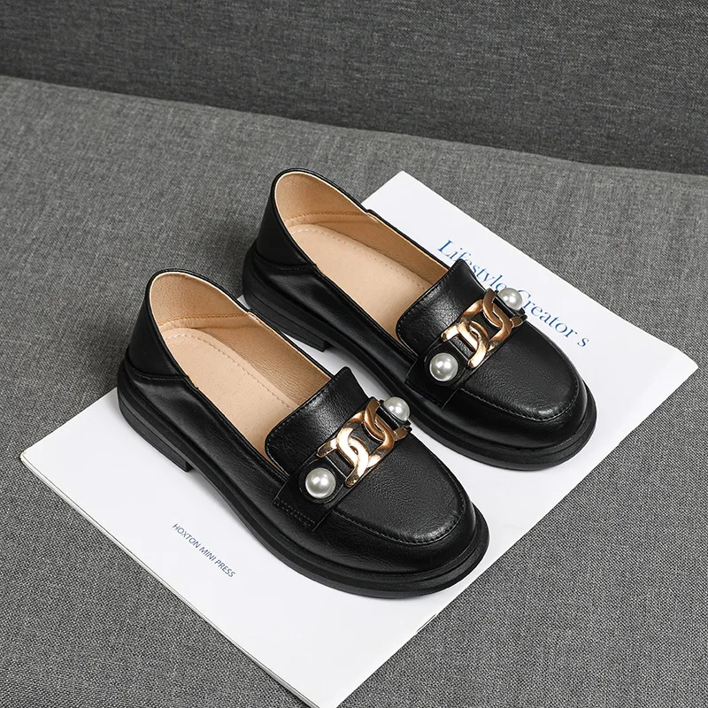 

Big Girls Black Leather Shoes 2023 British Style Chain Student Flats Shoes Slip-On Kids Pearls Perform Leather Shoes From 8-12Y