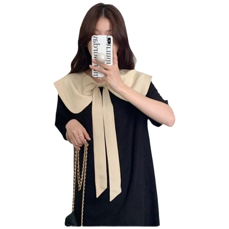Slimming Effect Doll Collar Dress Front Back Wear Big Bow Color Block mid Length A-Line Skirt Polyester Spring Fresh Sweet Style