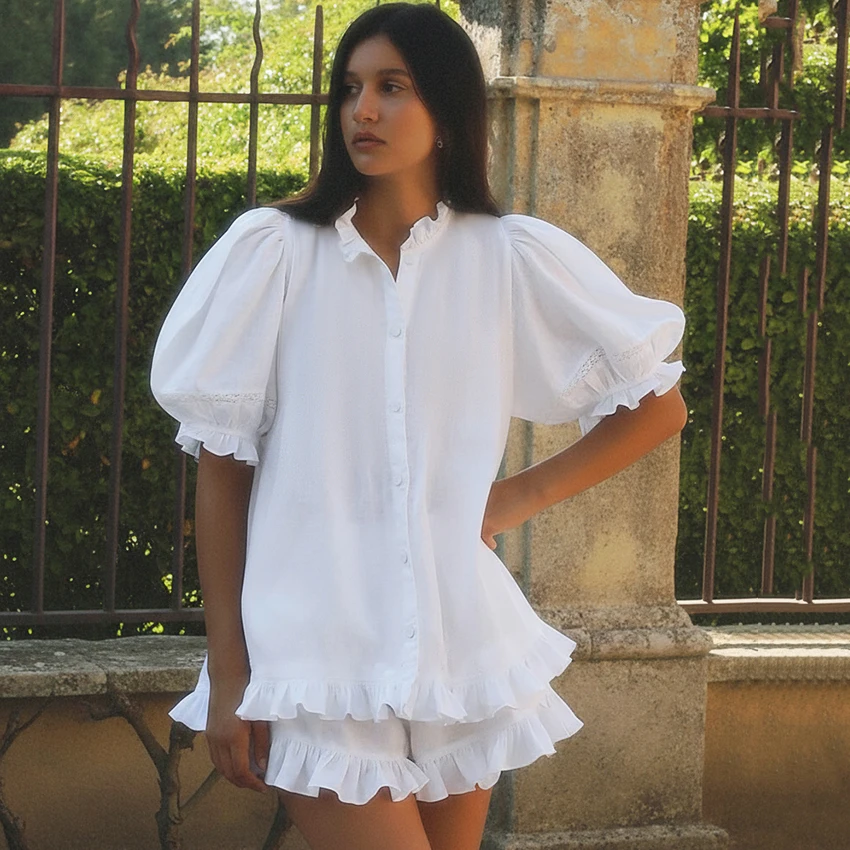 

Linad Vintage White Puff Sleeve Blouse Women's Suit Elegant Ruffles High Waist Shorts With Stand Collar Shirts 2 Piece Set 2026