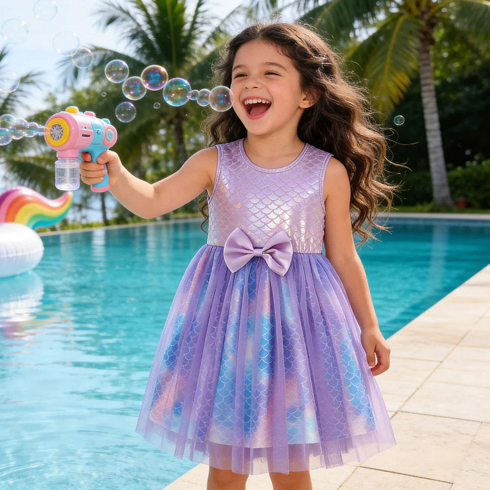Kinder-Tüllkleid mit Meerjungfrauenschuppen-Print, ärmellos, lila, Prinzessinnenkleid, flauschig, mit Schleifenknoten, Partykleid für Mädchen – Detail 4