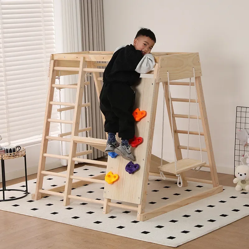 JMZ Wooden Jungle Gym Slide Climbing Frame for Kids Indoor Outdoor Playset with Rope Swing Solid Wood Activity Center for