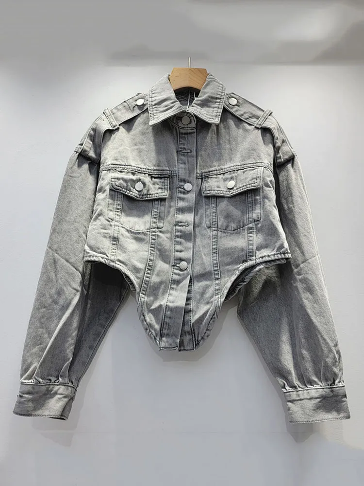 DEAT Trendy Women\'s Irregular Design Hollow Out Denim Coat 2024 Autumn Fashion New Lapel Long Sleeve Jacket Female 33A2039