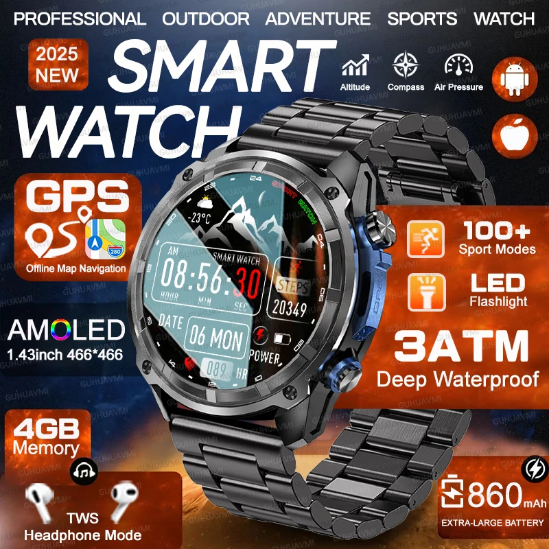 

Exercise New 1.43inch Screen SmartWatch Men Military Grade GPS Offline Maps 860mAh Compass Always Bluetooth Call 4GB Music Watch