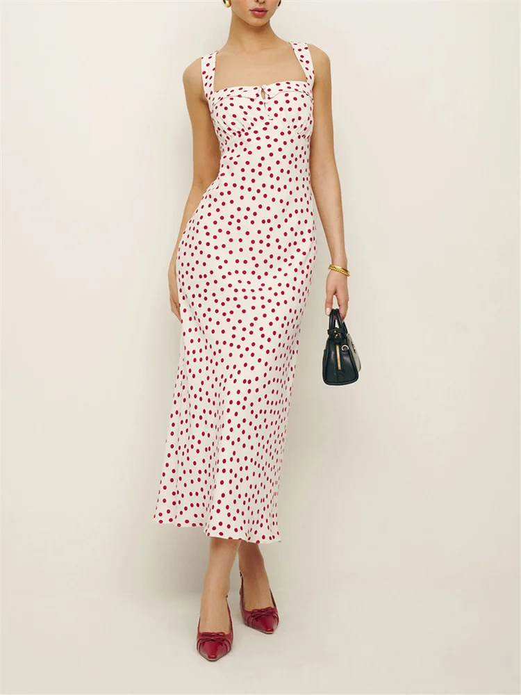 French Spaghetti Strap Dress Polka Dot Print Square Collar Wrap Slim Dress Women Sleeveless Summer 2024 Holiday Long vestidos