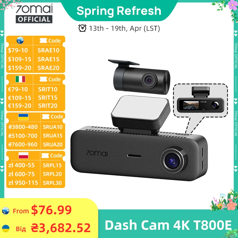 70mai T800E 3-Channel Front 4K + Rear 1080P + Interior 1080P HDR  Supercapacitor GPS WiFi 6 70mai T800E Dash Cam Voice Control