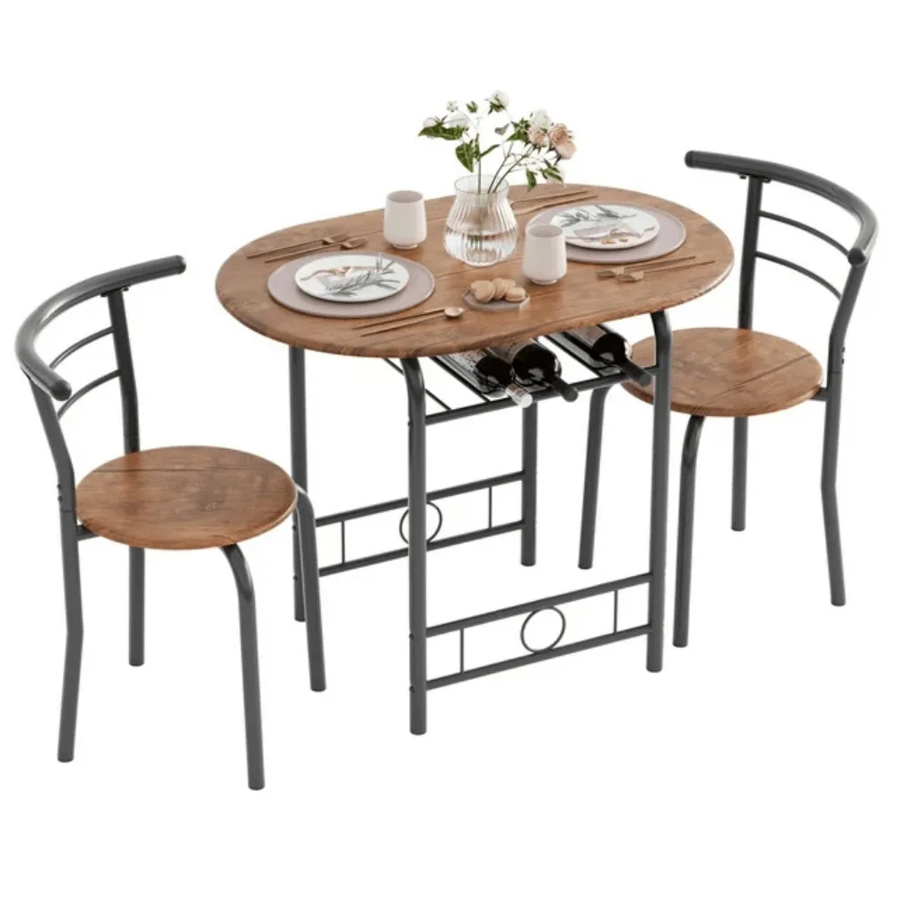 

3-Piece Wooden Round Table & Chair Set, Space Saving Kitchen Breakfast Nook Wood Grain Tabletop With Metal Frame