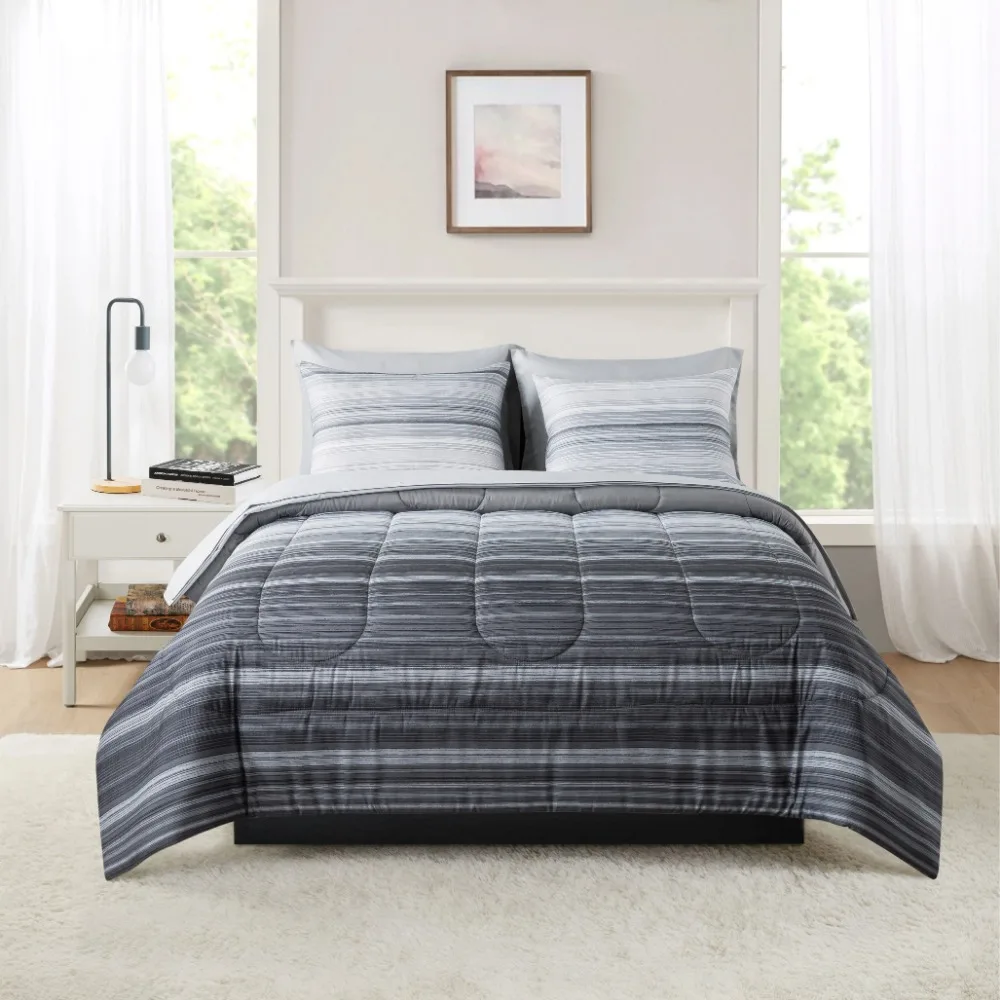 

7 Piece Reversible Bed in a Bag Comforter Set with Sheets, Grey Stripe, Queen