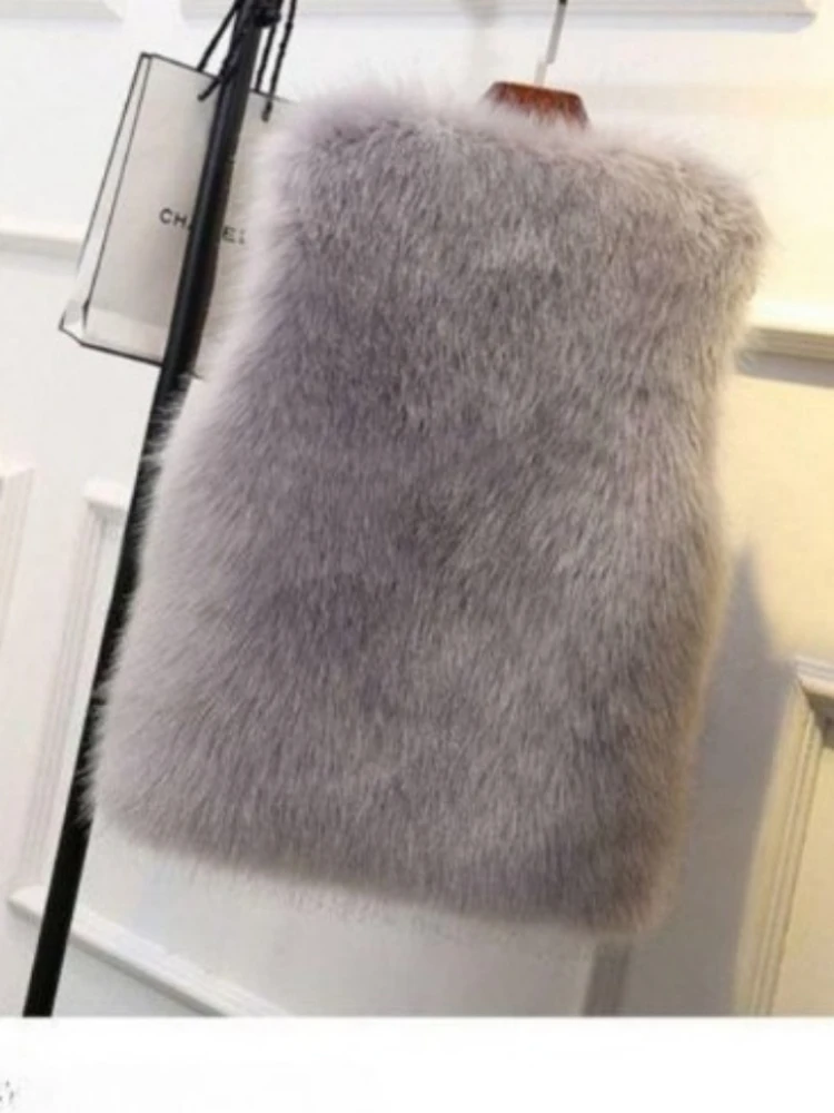 Otoño Invierno nuevo elegante versátil mujer Color sólido Chaleco de piel sintética abrigo versión coreana suelta Casual Camiseta sin mangas de piel sintética