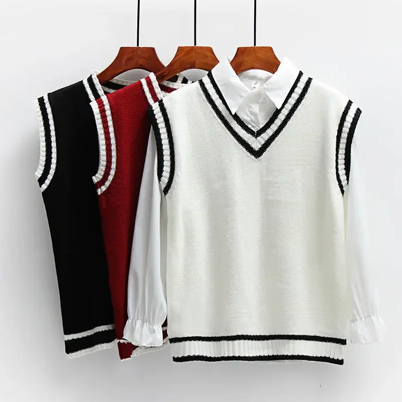 Women's Knitted Vests V-neck Sweet Japan Preppy Style Schoolgirl Harajuku Casual Autumn Jumpers Fashion Sleeveless Streetwear