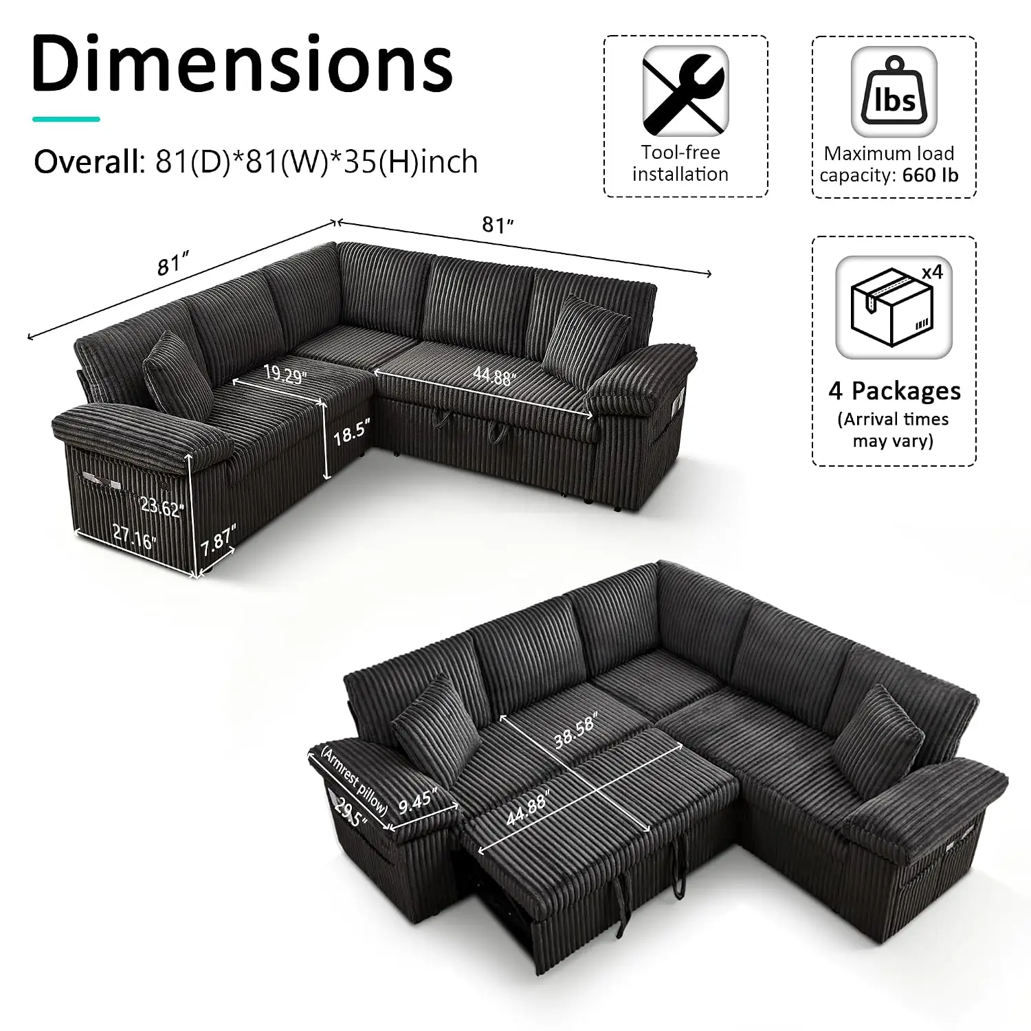 82'' Modular Sectional Couch with Sleeper Sofa Bed (Dark Grey), Customized