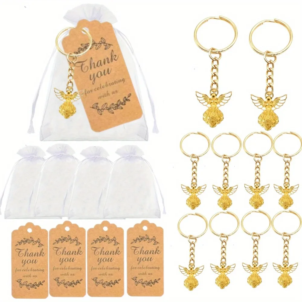 Juego de 12/24/48 Llaveros de Ángel con Cinta de Organza y Tarjeta de Agradecimiento, Regalos Religiosos para Bodas, Bautizos, Comuniones y Fiestas