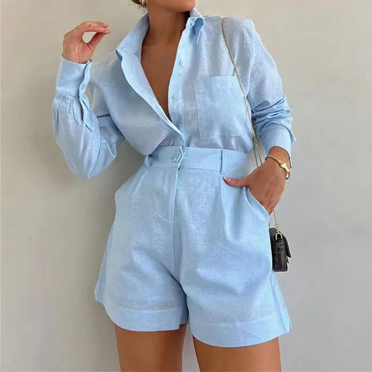 Aoaiiys Short Sets Women Shirts Long Sleeve Cotton Linen Loose Blouse High Waist Shorts Suit Summer 2 Piece Sets Womens Outfits