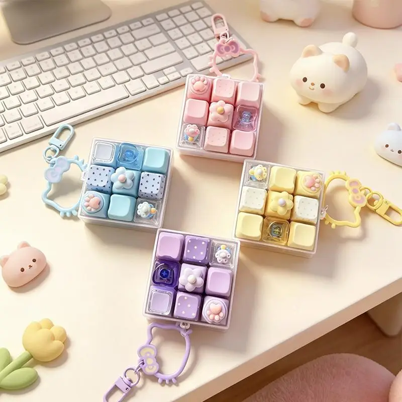 Cute Mechanical Fidget Keychain 9 Keys Flower Heart Star Print Portable Press Toy for Kids Christmas Gift