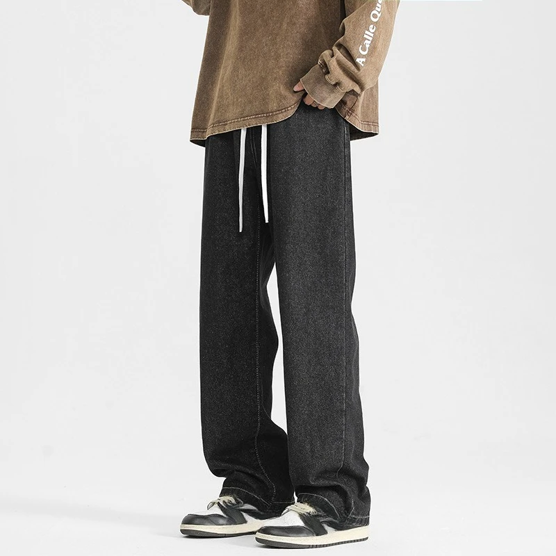 

American Vintage 2025 New Fashion Men's Washed Solid Color Casual Trendy Wide Leg Loose Straight Denim Trousers Male Jeans Pants