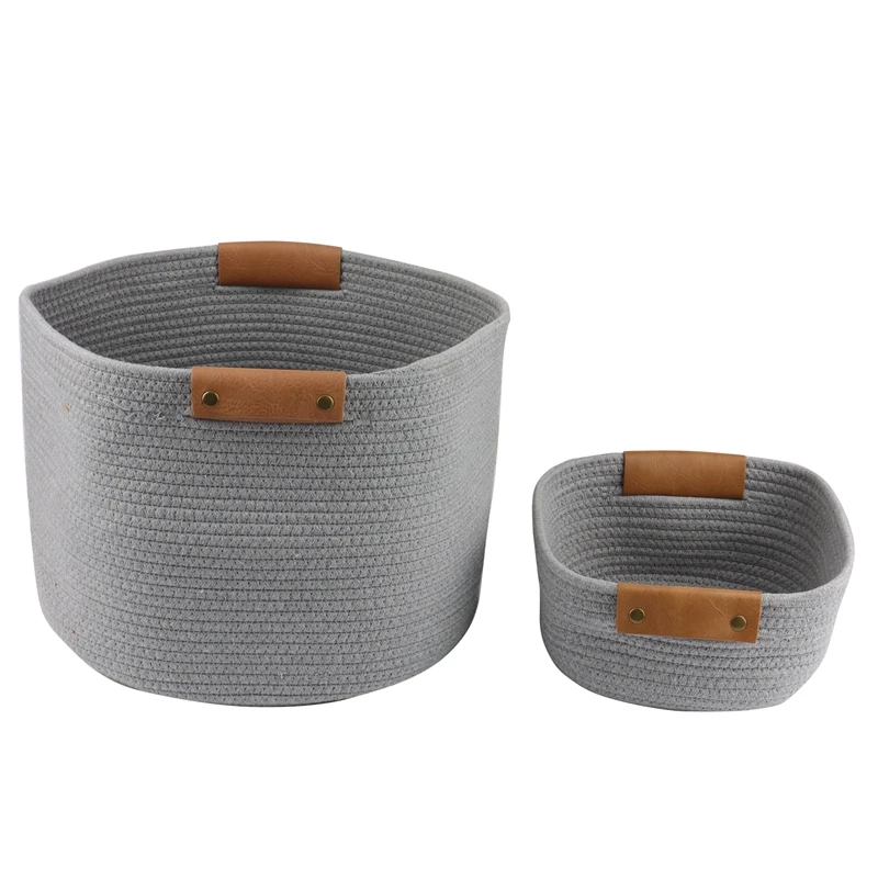 

2Pcs Cotton Rope Woven Leather Handle Household Laundry Basket Cosmetics Sundry Arrangement Storage Frame