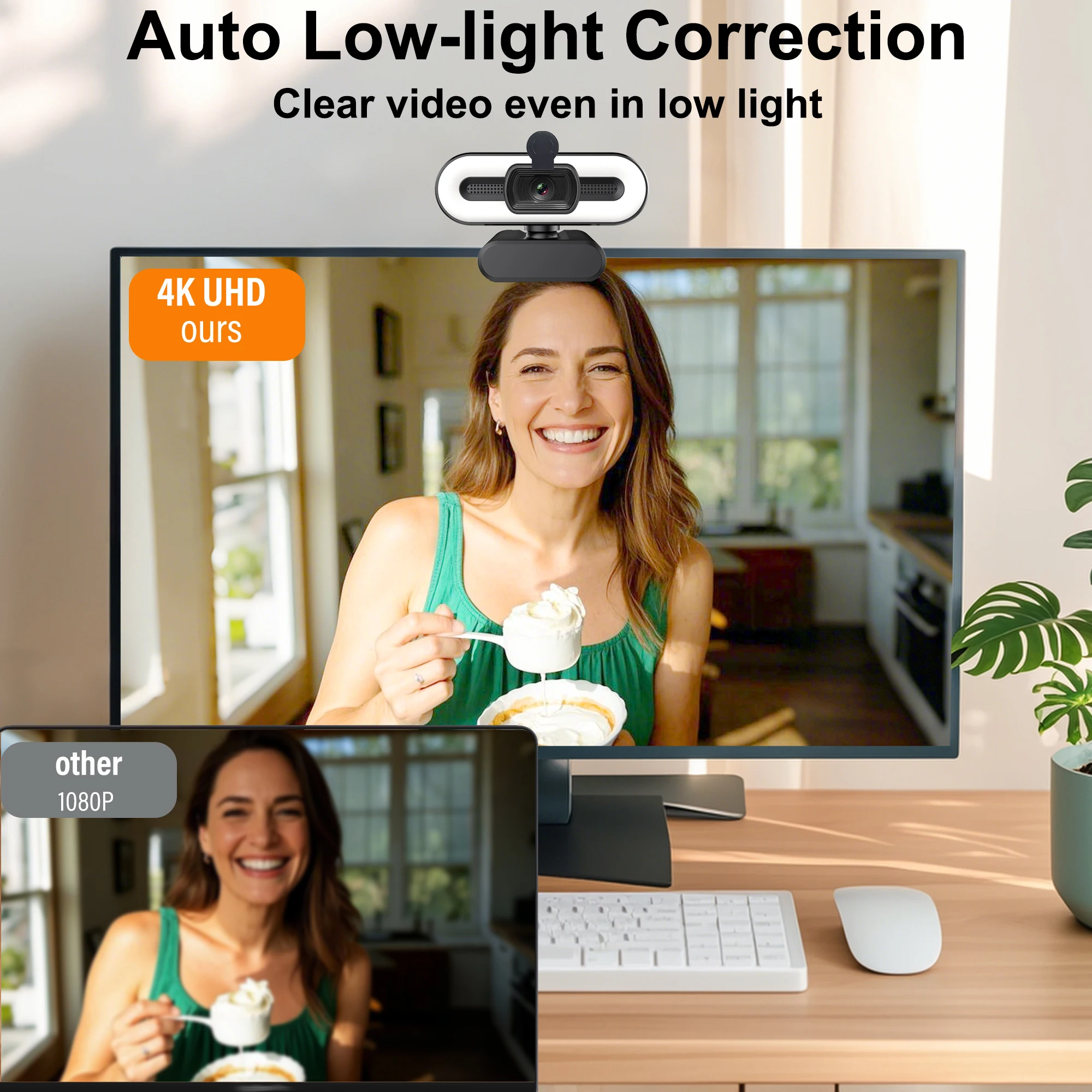 4K Webcam with 3-Level Adjustable Light, Privacy Cover & Noise Canceling Mic for Streaming Teaching Office