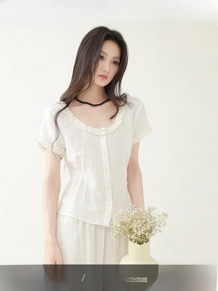 

CHACHASTU Простая женская приталенная рубашка с круглым вырезом и рюшами, дышащая, удобная, для повседневной носки и делового стиля