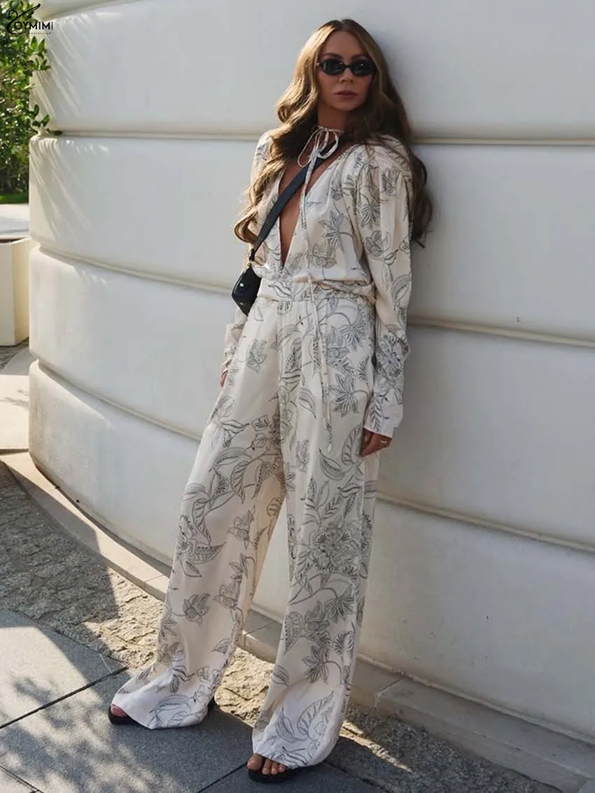 

Oymimi Fashion Beige Print Women' S Clothes 2 Piece Sets Elegant V-Neck Lace-Up Long Sleeve Shirts And Straight Trousers Sets