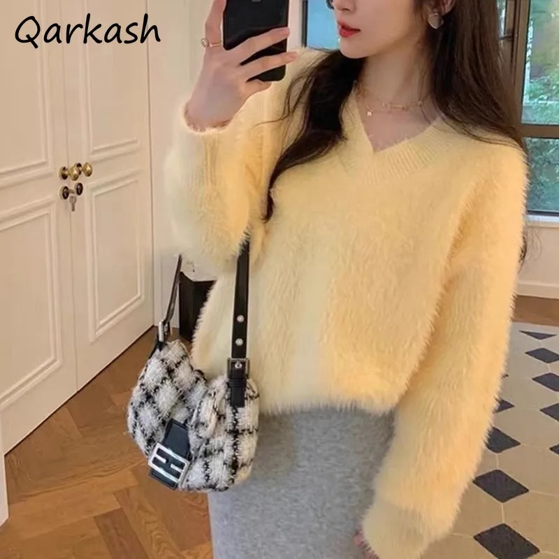 

V-neck Sweaters Women Soft Solid Pullovers Knitted Autumn Winter Warmth Casual Daily Simple Korean Stylish Aesthetic Design New