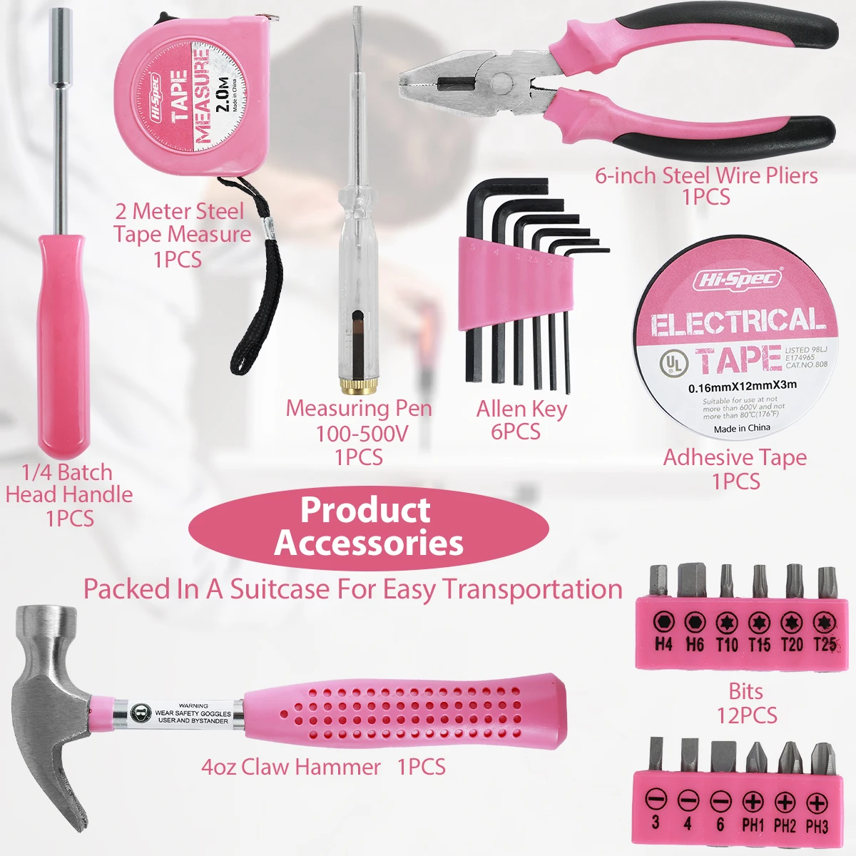 13/24Pcs Household Repair Tool Kit Multi-Purpose Pink Hand Tool Set with Storage Case Durable Hammer and Allen Key Set