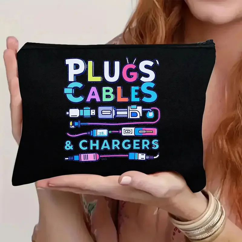 

New Canvas Charger Storage Pouch Print Design Zipper Closure Electronics Bag Large Capacity Cosmetic Organizer for Office Desk