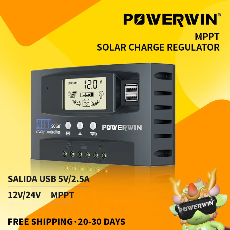 POWERWIN 50A Solar Controller Auto Micro MPPT MT01 12/24V LCD Display For LiFePo4 Battery Solar Power Voltage Dual USB