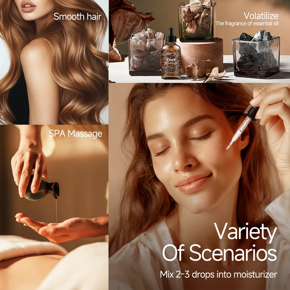 زيت القرنفل العطري، ذو رائحة خشبية، مناسب لتدليك الجسم والعناية بالشعر، ويمكن أيضًا في العلاج العطري. #4