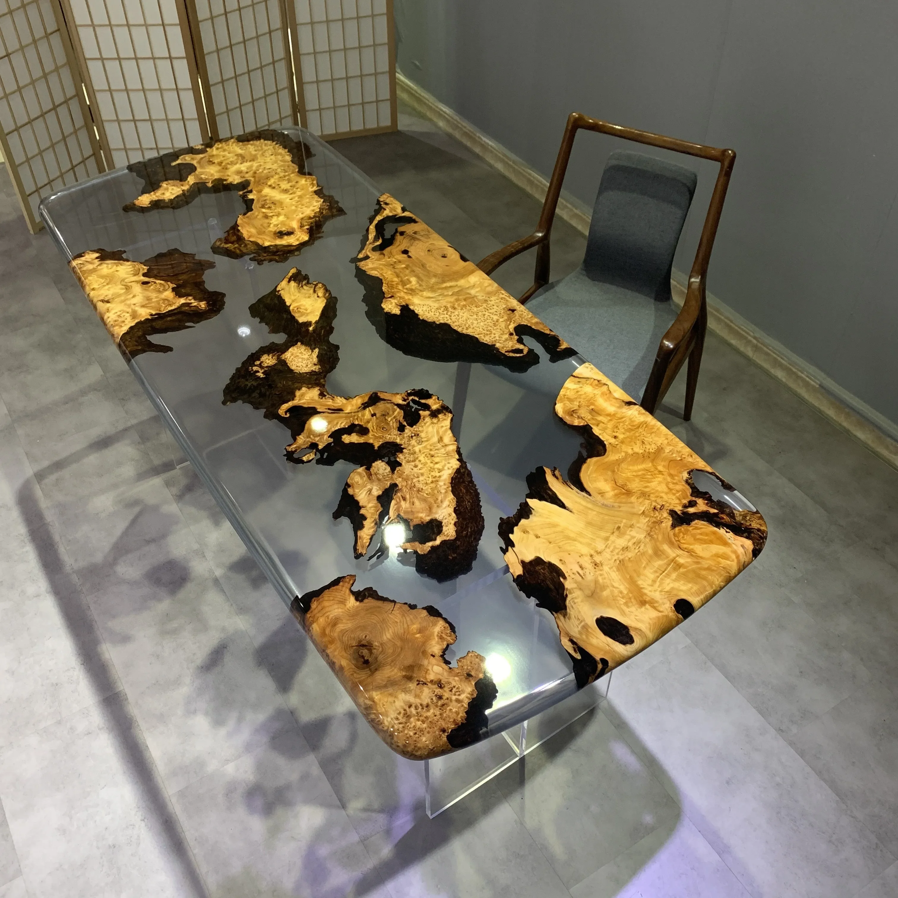 Epoxy resin river table solid wood large board walnut table table simple log tea  dining  tea  new Chinese style