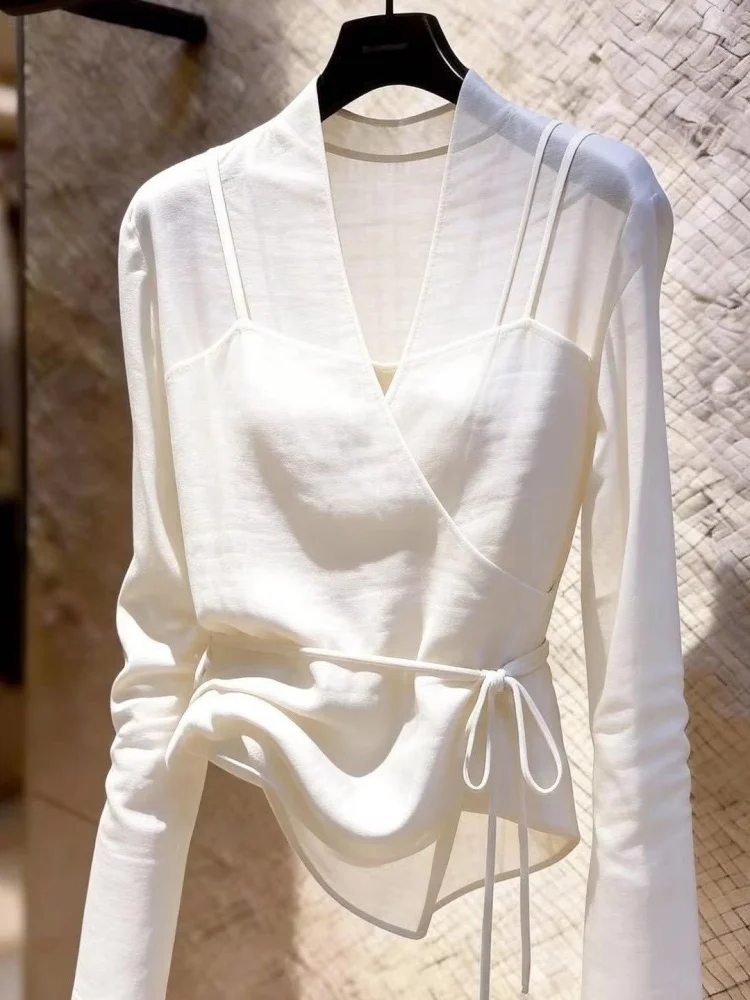 White Long Sleeve V-Neck Tulle Breathable Women's Shirt Fashion Spring Summer Lightweight Belted Top Commute Lady Blouse