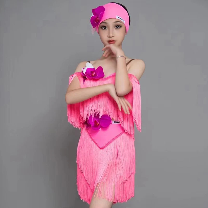 Nieuwe Latin Dans Kostuum Meisjes Kwastje Concurrentie Jurk Cha Cha Rumba Samba Prestaties Fringe Pak Kids Praktijk Kleding NV18201
