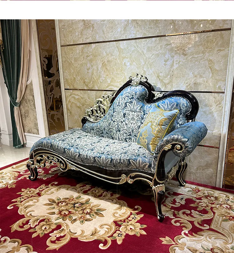 French luxury chaise longue, European-style bedroom solid wood beauty couch, living room chaise longue, fabric single