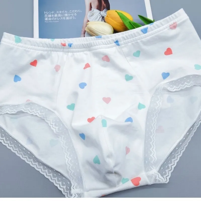 Men's Mid Rise Triangle Briefs Cotton Blend Seamless Breathable Underwear Small Floral Pattern Lace Trim CD Sexy Lingerie