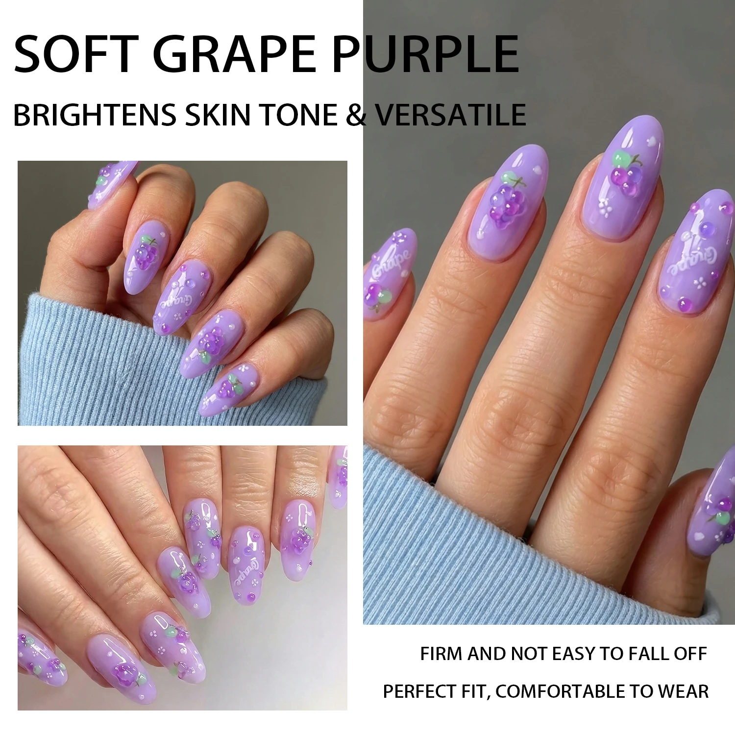 150Pcs Purple Grape Medium Oval Press On Nails Almond Shaped Full Cover Fake Nail Summer Fruits Wearable False Fingernails Tips view 6