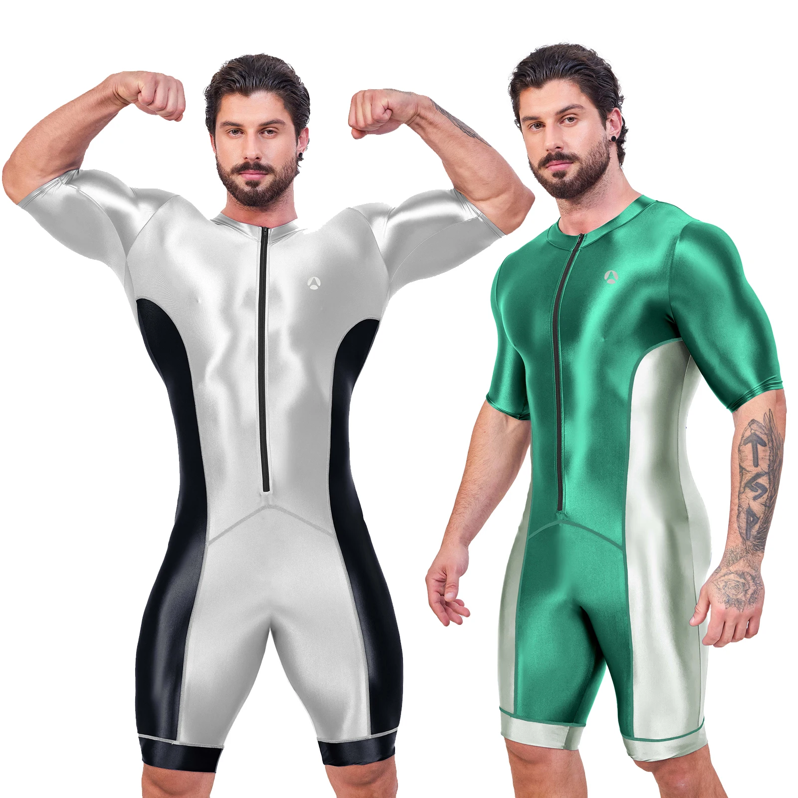 AMORESY brillant Satin brillant hommes body soie lisse surf costume maillots de bain Yoga vêtements de sport recadrée justaucorps combinaison maillot de bain