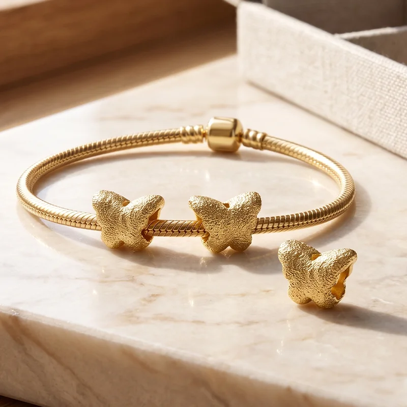 2026 New Gold Sparkling Style Frosted Texture Butterfly Charm Bead Compatible Original European Snake Bone Bracelet  Accessories