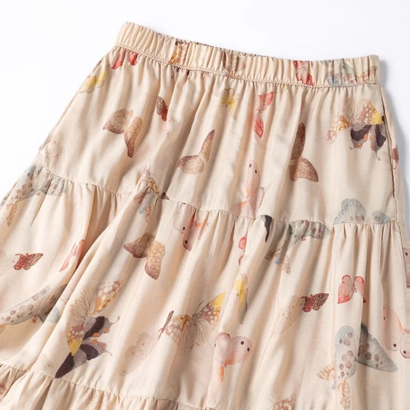 Birdtree 70% Moerbei Zijde 30% Katoen Vlinderprint Rok, Dames Zijdemix Elastische Taille Elegante Jurk Met Zak D59133JF