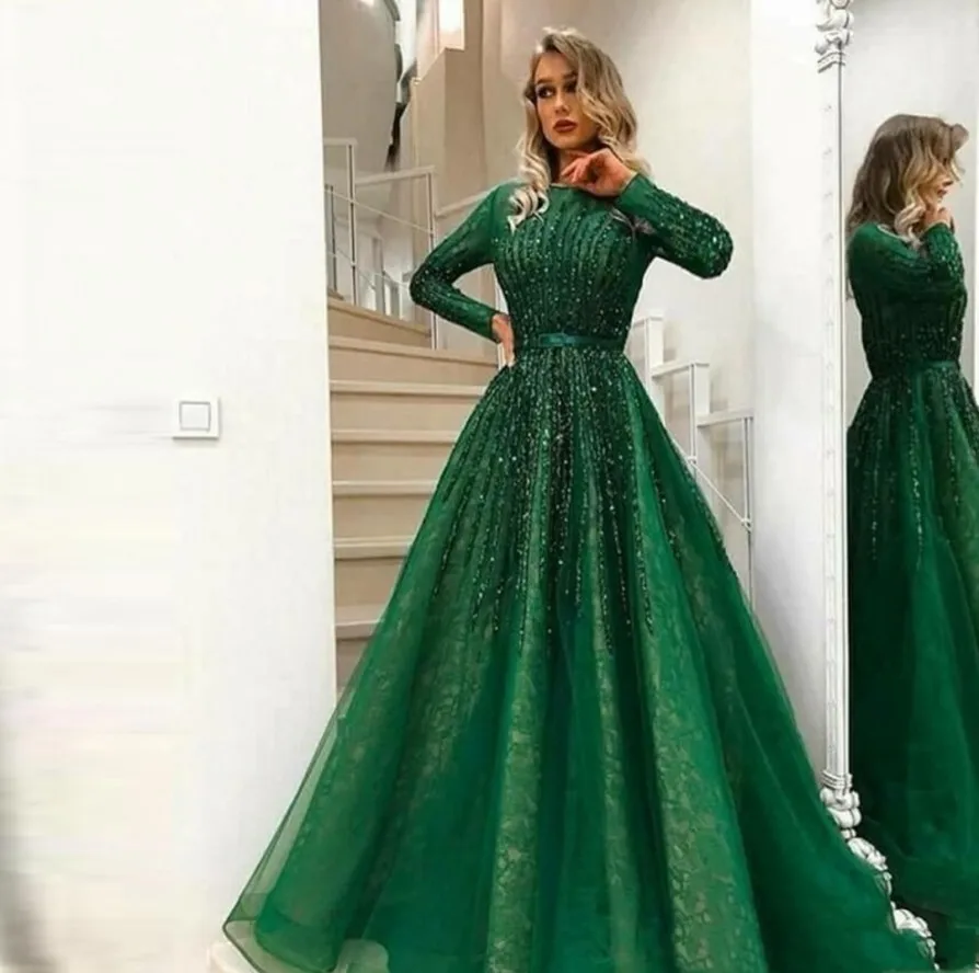 2023 splendido abito da sera con perline verdi maniche lunghe Abiye abiti da ballo Vintage in pizzo di cristallo Vestido Longo Abendkleide