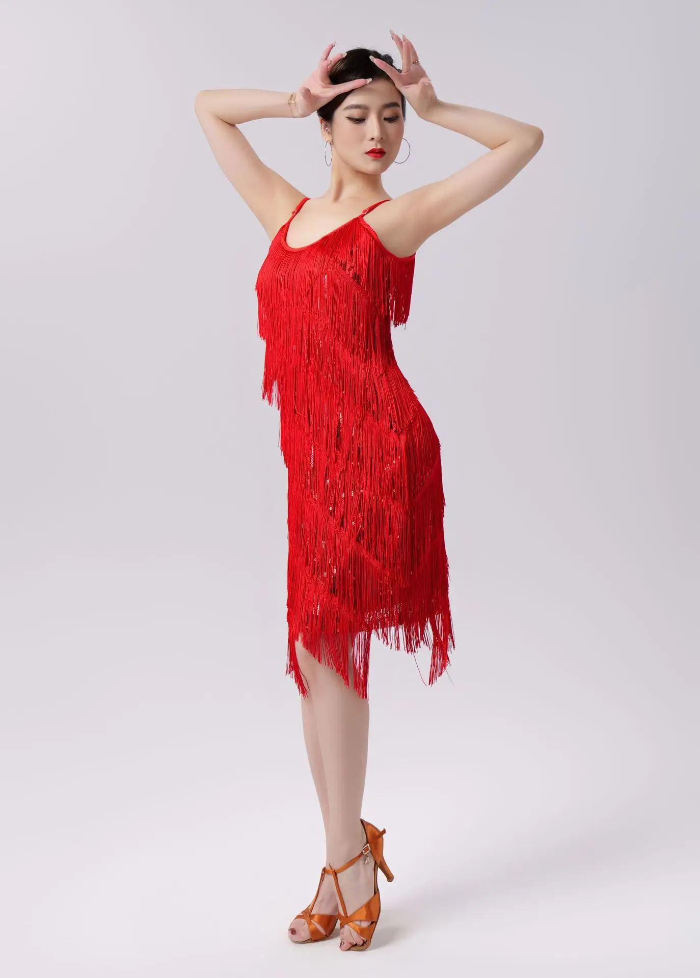 Sling Sequins Tassel Skirt V-Neck Dress Latin Dance Dress Dance Suit Stage Performance Competition Suit