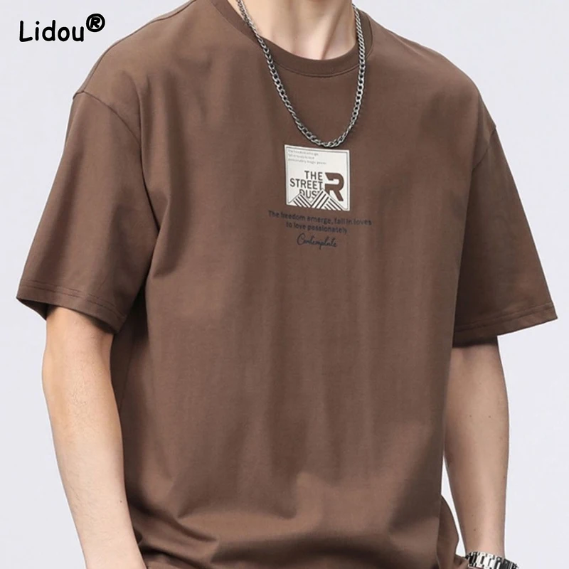 Men\'s Clothing Short Sleeve Generous Printing Simplicity Handsome Round Neck Pullovers Loose Solid Color Fashion Casual T-Shirts