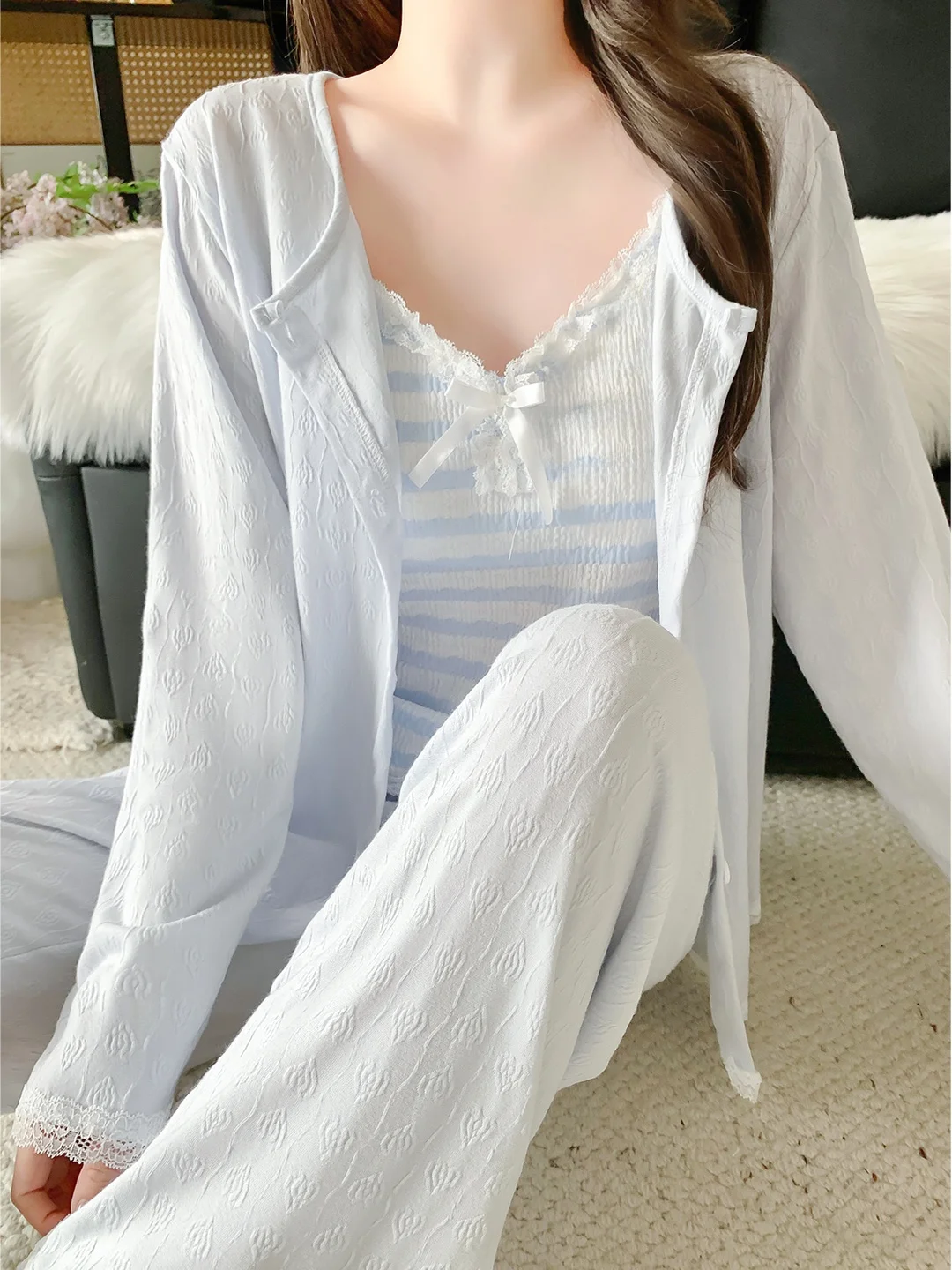 Pure Desire Stripe Long Sleeve Sleepwear Set Women's Spring Autumn 2026 New with Chest Pad Strap Three-piece Summer Set
