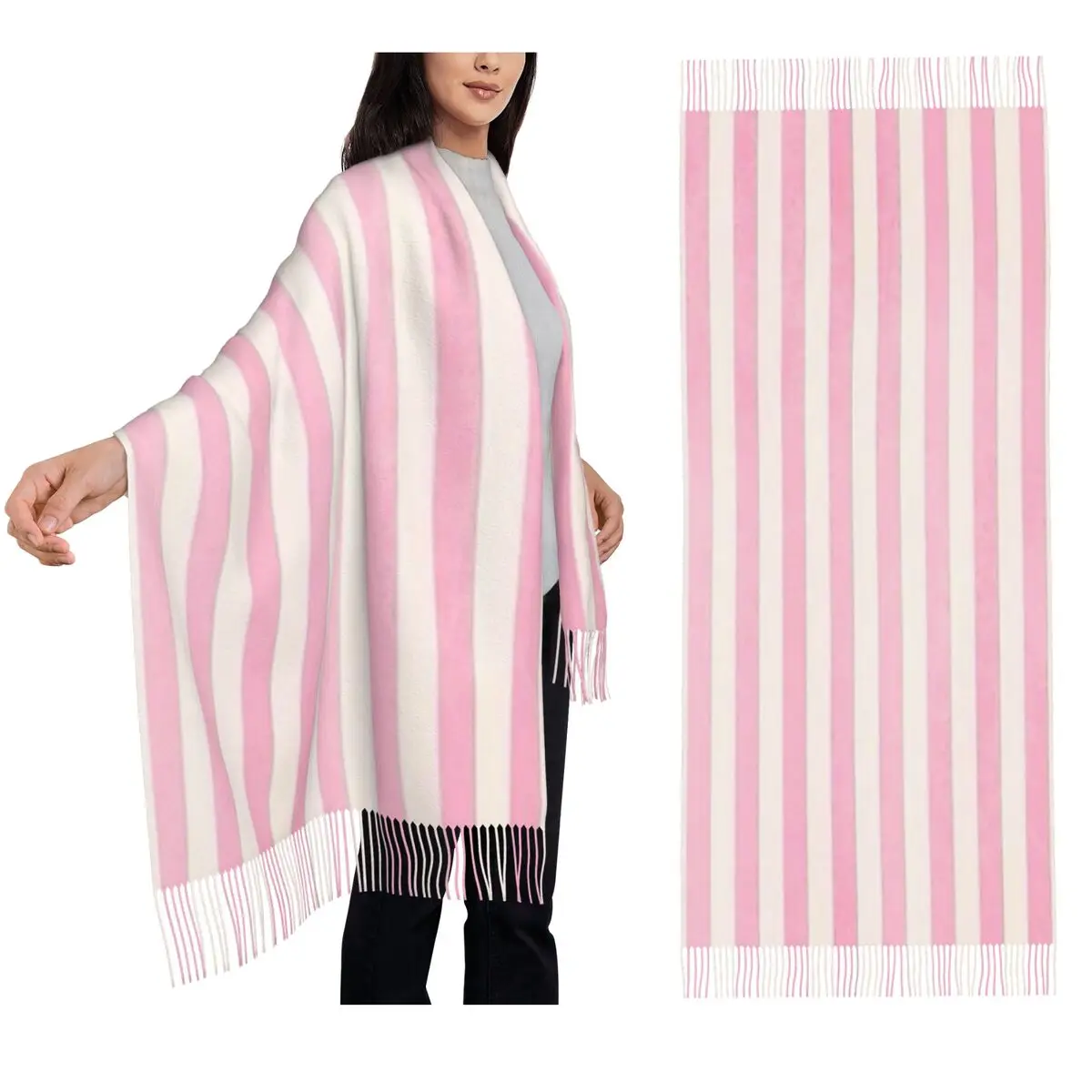 

Pale Pink White Stripes Scarf Tassel Scarves Women Soft Warm Shawls and Wraps Large Fall Winter Shawl Wrap