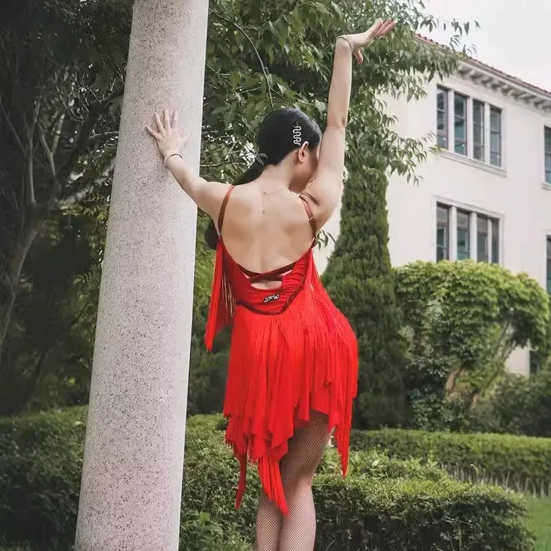 Latin dance suit red performance suspender fringed skirt competition suit national ballroom dance art test